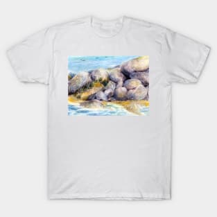 By the Boulders at High Tide Pastel Painting T-Shirt